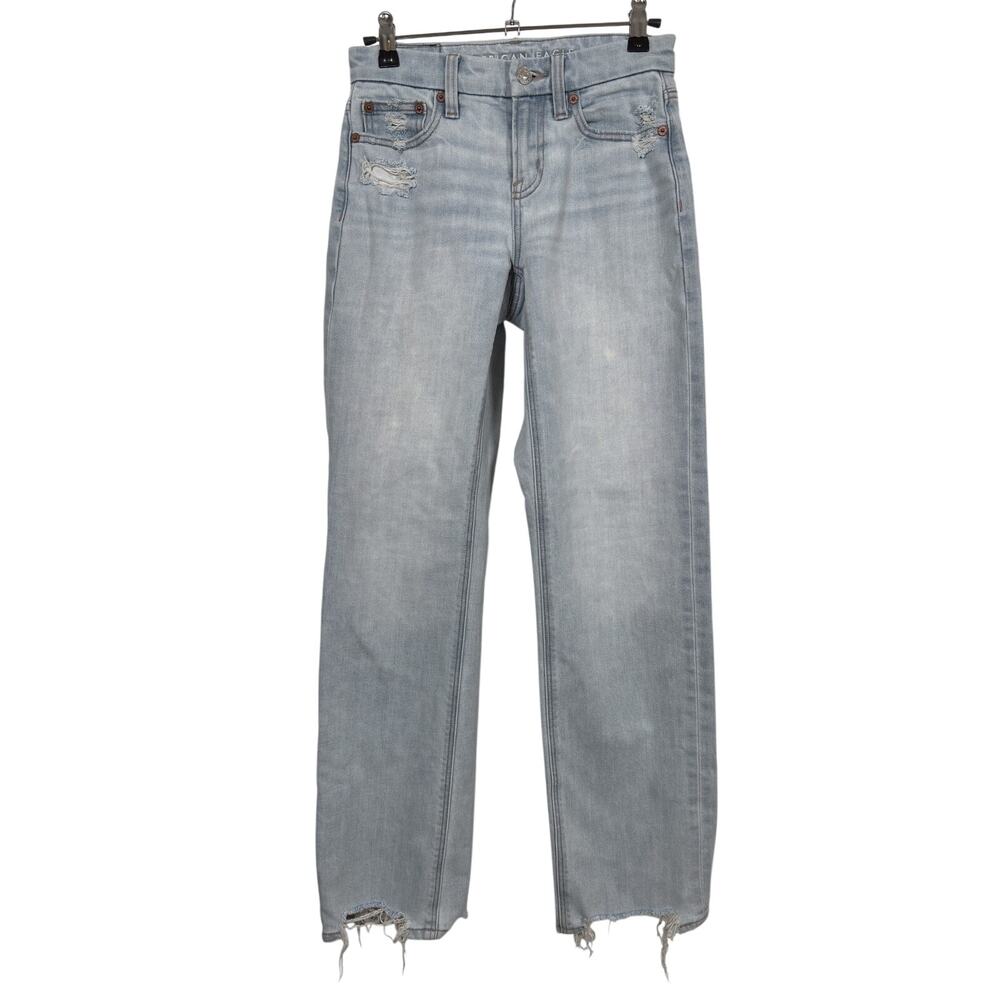 American Eagle Straight Jeans Womens 000 Blue High Rise Curvy Distressed Raw Hem